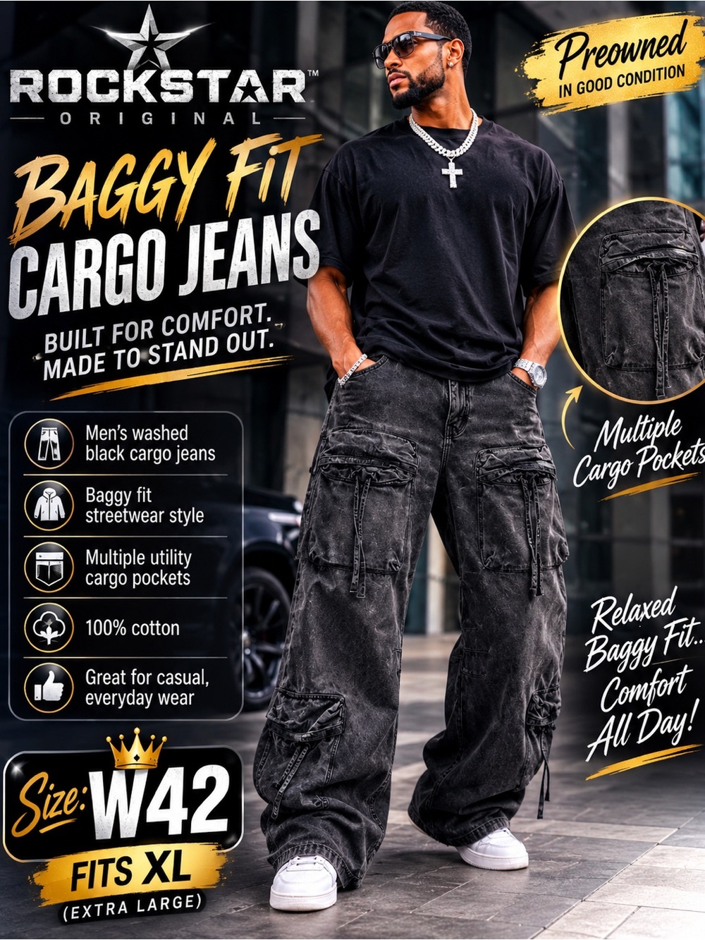 Washed Black Baggy Cargo Jeans for Men